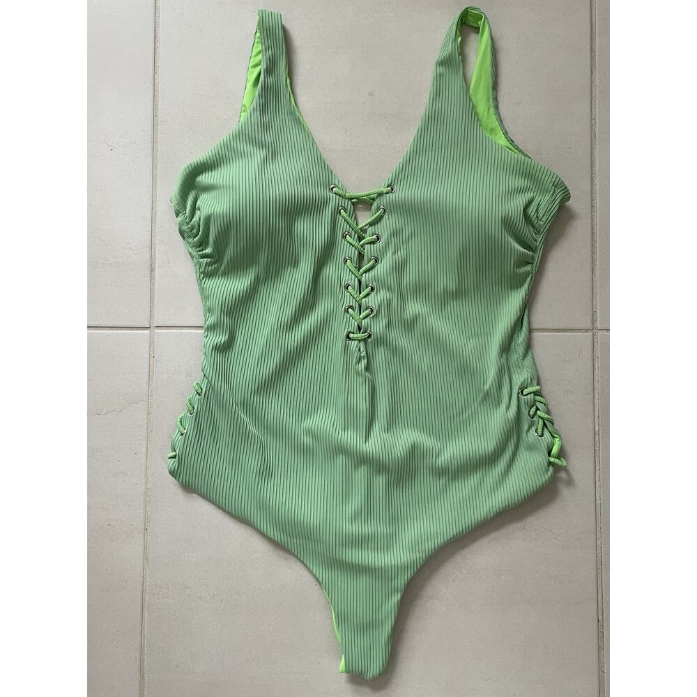Coastal Waves Swim One Piece Swimsuit Ribbed Lace Up Swimwear